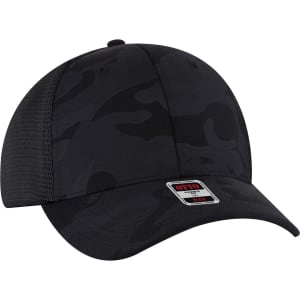 A black camouflage trucker cap with a low profile and a mesh back, featuring a logo on the front.