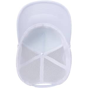 A white 5 panel high crown trucker hat featuring a breathable air mesh back and a fitted design.