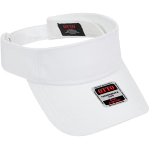 A white sun visor with a wide brim, featuring a logo and a black adjustable strap at the back.