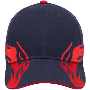 A navy and red 6 panel low profile baseball cap featuring flame designs and a logo on the front.