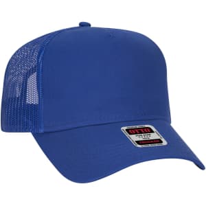A blue 5-panel low profile trucker cap with a mesh back and a logo on the front.