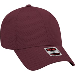 A maroon 6 panel low profile baseball cap with a logo on the front. The fabric features a mesh texture.