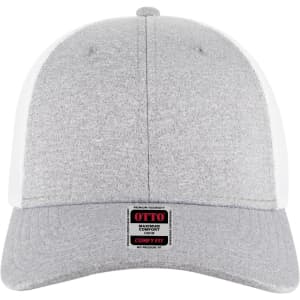A grey and white low profile baseball cap featuring a logo on the front.