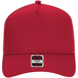 A red 5 panel mid profile trucker cap featuring a logo on the front. Classic mesh back design.