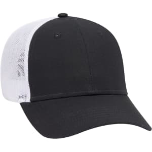 A black and white 6 panel low profile trucker cap with a mesh back and a front brim.