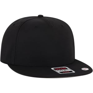 A black five-panel snapback cap with a flat brim and an enclosed strap at the back. Features a logo.