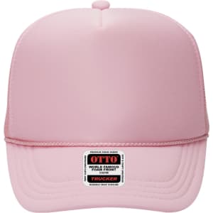 A pink 5 panel high crown trucker cap featuring a logo on the front. The design includes a rounded brim.