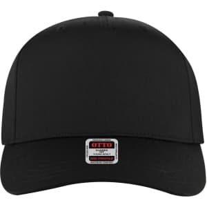 A black 5 Panel Mid Crown Baseball Cap for youth with a logo on the front.