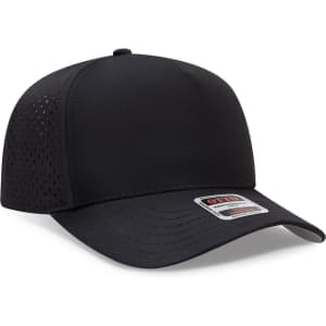 A black 5 panel mid-profile baseball cap with a breathable mesh design and a label.