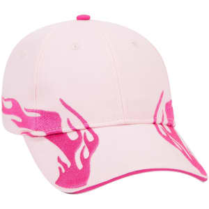 A pink low profile baseball cap featuring flame designs and a logo. It has a six-panel structure and contrasting trim.