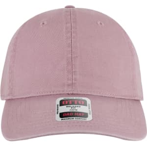 A pink 6-panel low profile dad cap featuring a logo and a relaxed fit design.