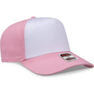A pink and white 5-panel mid crown baseball cap with a logo on the front.