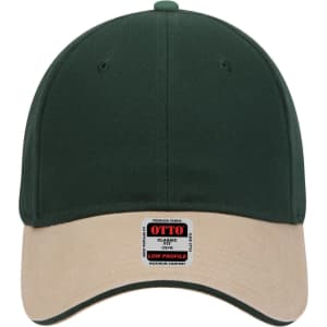 A low profile baseball cap featuring a dark green fabric with a beige brim. Includes a logo on the front.