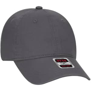 A grey low-profile dad cap featuring six panels and a branded tag. Ideal for youth headwear.
