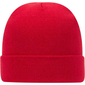 A red classic knit beanie with a ribbed texture and a folded cuff. It features a logo on the side.