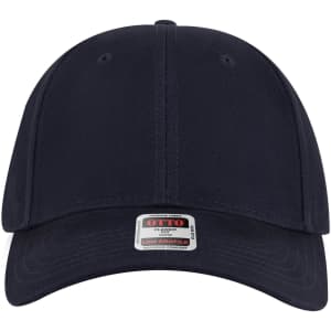 A navy blue 6-panel low profile baseball cap with a logo on the front.
