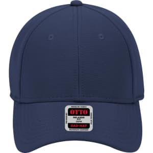 A navy blue 6 panel low profile baseball cap with a logo label on the front.