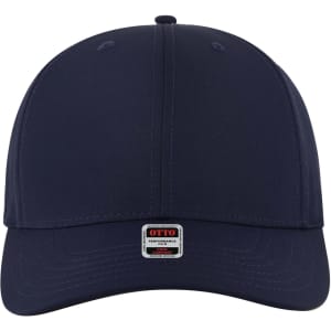 A navy 6 panel mid profile style baseball cap with a logo on the front.