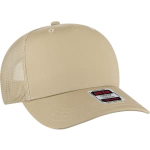 A beige 5-panel mid profile trucker cap featuring a mesh back and a logo on the front.