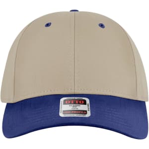A beige and navy blue 6-panel low profile baseball cap with a logo label on the front.