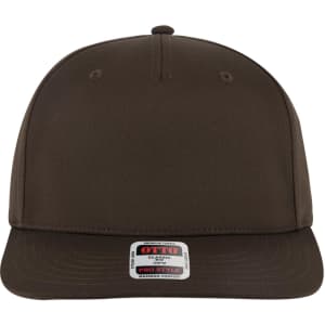 A brown 5 Panel Pro Style Snapback Hat featuring a flat brim and a logo on the front.