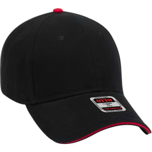 A black 6 panel low profile baseball cap with red accents and a logo on the front.