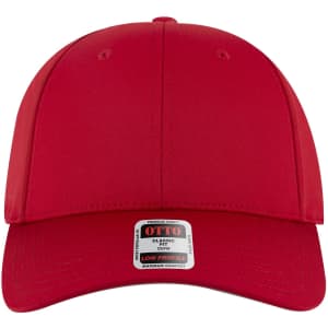 A red 6 panel low profile baseball cap with a logo on the front. The cap features a curved brim and a structured fit.