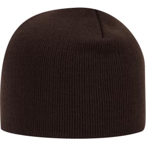 A brown classic knit beanie with a fitted design. Includes a logo on the side.