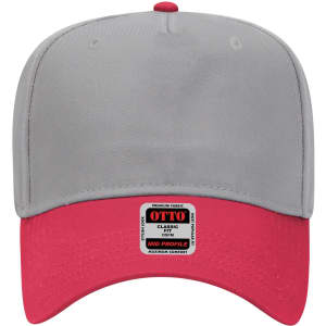 A grey and red 5-panel mid crown baseball cap with a branding label on the front.