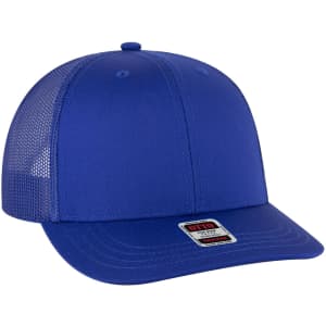 A blue 6 panel mid profile trucker cap with a mesh back and a logo on the front.
