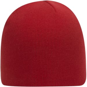 A red classic knit beanie with a ribbed texture, featuring a logo on the side.