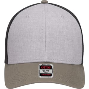 A low profile trucker cap featuring a grey front, black mesh back, and a beige brim. Includes a logo on the front.