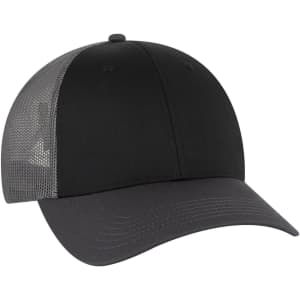 A black low profile trucker cap with a grey mesh back and a curved peak, featuring a logo on the front.