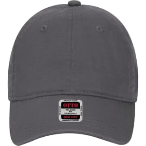 A grey six-panel low profile dad cap with a branded tag on the front.