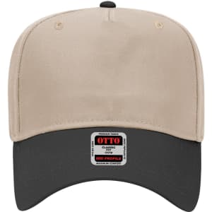 A beige and black 5 panel mid crown baseball cap with a logo on the front panel.