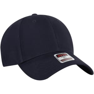 A navy blue 6 panel low profile baseball cap featuring a branding label on the front.