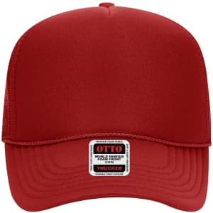 A red 5-panel mid profile trucker cap with a foam front and mesh back, featuring a logo on the front.