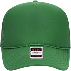 A green 5 panel mid-profile trucker cap with a mesh back and a logo tag on the front.