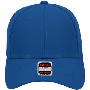 A blue six-panel low profile baseball cap featuring a branded label.