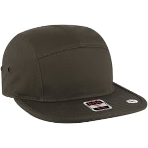 An olive green 5 Panel Camper Hat with a flat brim and a branded label. Features side ventilation holes.