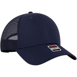 A navy low profile trucker cap featuring a mesh back and a small logo on the front.