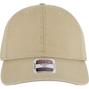 A beige 6 panel low profile dad cap featuring a logo and a structured front.