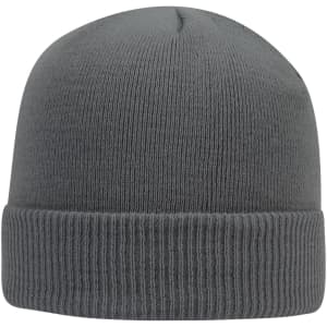 A grey classic knit beanie with a ribbed cuff and a smooth top, featuring a logo.