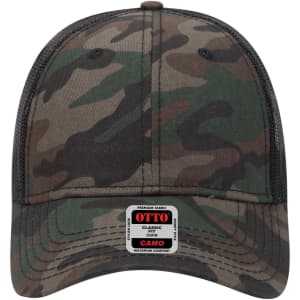 A camo-patterned low profile trucker cap featuring a mesh back and a branded logo on the front.