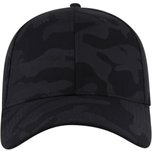A black camo baseball cap with a low-profile six-panel design and a logo on the front.