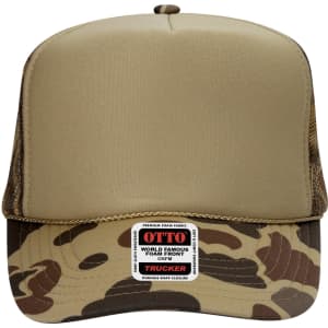 A high crown trucker cap featuring a camouflage pattern with a tan front panel and a mesh back. The cap has a logo.
