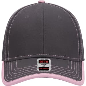A grey and pink 6-panel low profile baseball cap featuring a logo on the front.