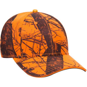 A low-profile baseball cap in orange camouflage pattern with a logo on the front, featuring a curved brim.
