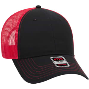 A black and red 6 panel low profile trucker cap with a mesh back and a logo on the front.