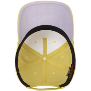 A 5 panel mid-profile baseball cap in yellow with a black and white interior, featuring a logo inside.